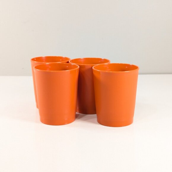 Orange Tupperware set of 4 short drinking cups, childrens tumblers - Picture 2 of 7